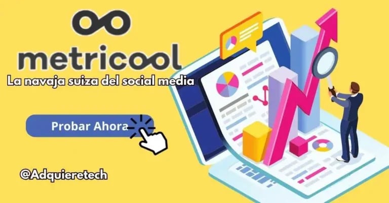 Metricool, herramienta de gestión de redes sociales y análisis de datos, con diseño llamativo y botón para probar