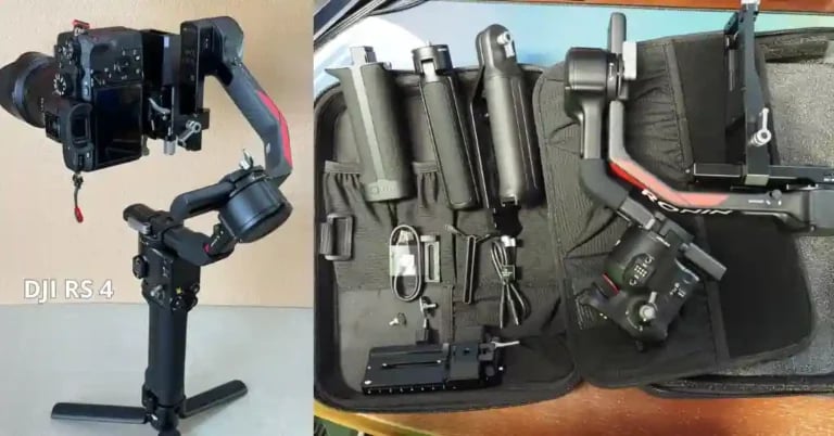 Fotografía del DJI RS 4 en acción, estabilizando una cámara para grabaciones profesionales.