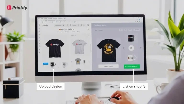 Captura de pantalla de la interfaz de Printify mostrando la creación de productos personalizados y su integración con una tienda Shopify en 2025.