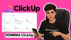 Pantalla de ClickUp con lista de tareas, cronograma y etiquetas de colores siguiendo 13 pasos de organización.