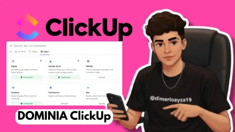 Pantalla de ClickUp con lista de tareas, cronograma y etiquetas de colores siguiendo 13 pasos de organización.