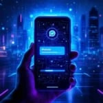 Mano sosteniendo un smartphone con interfaz futurista de DeepSeek que muestra el logo de WhatsApp integrado sobre un fondo de ciudad digital en tonos azules y magentas