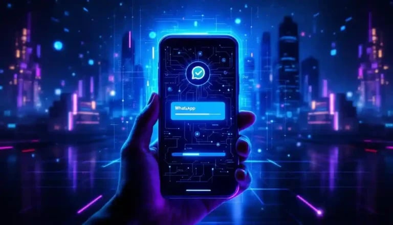 Mejora Tu Atención Al Cliente Con DeepSeek WhatsApp 1 Mano sosteniendo un smartphone con interfaz futurista de DeepSeek que muestra el logo de WhatsApp integrado sobre un fondo de ciudad digital en tonos azules y magentas