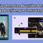 Imagen con fondo azul que muestra el texto "Trabajos Remotos Aburridos Pero Bien Pagados (Siempre Contratando)". A la izquierda aparece una ilustración de un hombre con traje y cabeza de águila en una ciudad, y a la derecha una pantalla de edición de video en un teléfono móvil, representando empleos digitales y remotos.