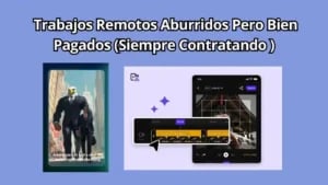 Imagen con fondo azul que muestra el texto "Trabajos Remotos Aburridos Pero Bien Pagados (Siempre Contratando)". A la izquierda aparece una ilustración de un hombre con traje y cabeza de águila en una ciudad, y a la derecha una pantalla de edición de video en un teléfono móvil, representando empleos digitales y remotos.