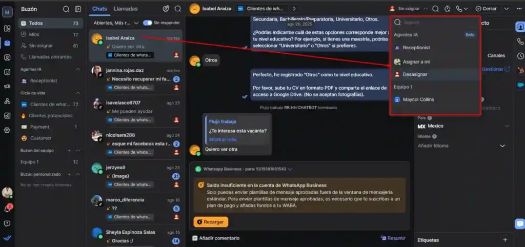 Respond.io Panel de control sección para asignar chats a agentes