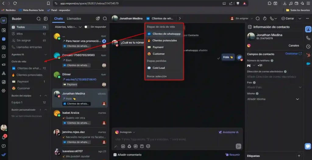 Respond.io ciclo de vida para todos tus chat de todos tu canales
