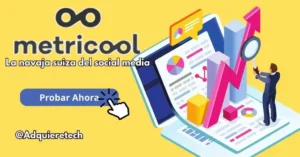 Metricool, herramienta de gestión de redes sociales y análisis de datos, con diseño llamativo y botón para probar