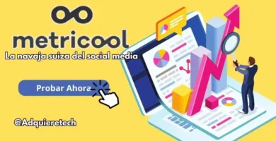 Metricool, herramienta de gestión de redes sociales y análisis de datos, con diseño llamativo y botón para probar