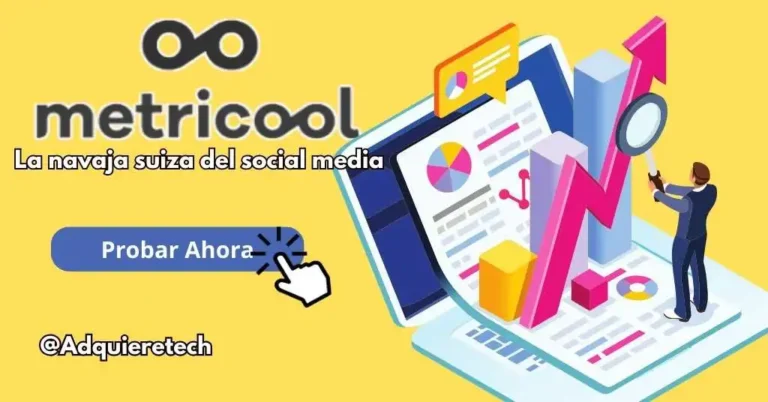 Metricool, herramienta de gestión de redes sociales y análisis de datos, con diseño llamativo y botón para probar