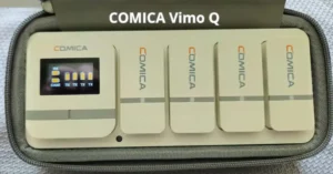 Primer plano del COMICA Vimo Q mostrando sus características avanzadas de conectividad y control de audio.