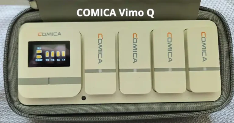 COMICA Vimo Q: Micrófono Inalámbrico para Grabaciones Múltiples 1 Primer plano del COMICA Vimo Q mostrando sus características avanzadas de conectividad y control de audio.