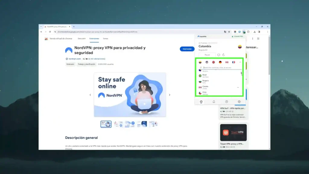 Interfaz de configuración de la extensión NordVPN para navegadores, mostrando opciones de privacidad y seguridad.