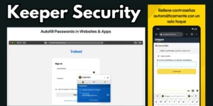 Interfaz de Keeper Security mostrando sus funciones de gestión de contraseñas en dispositivos móviles y de escritorio.