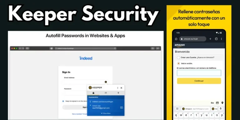 Interfaz de Keeper Security mostrando sus funciones de gestión de contraseñas en dispositivos móviles y de escritorio.