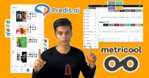 Comparación lado a lado de Metricool y Predis AI en una interfaz de usuario, destacando sus características clave.