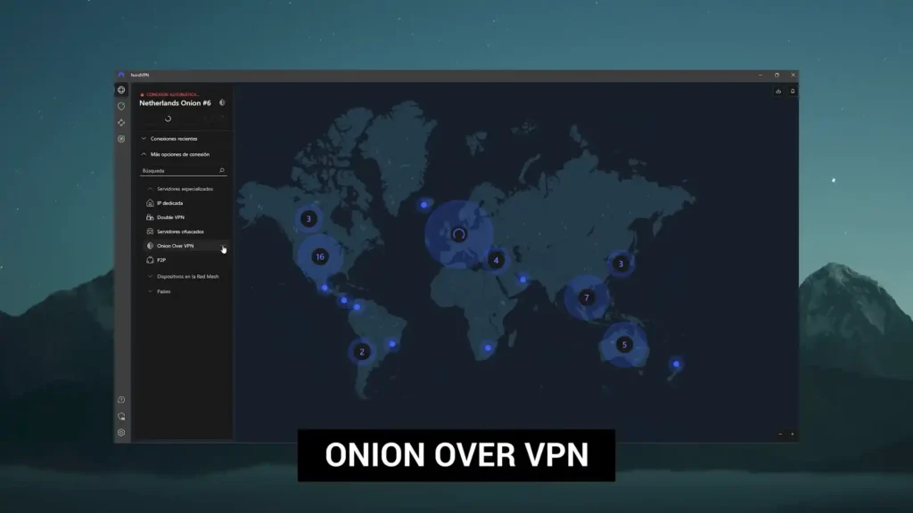Interfaz de NordVPN mostrando la opción de servidores especializados como Onion Over VPN para mayor privacidad y seguridad.
