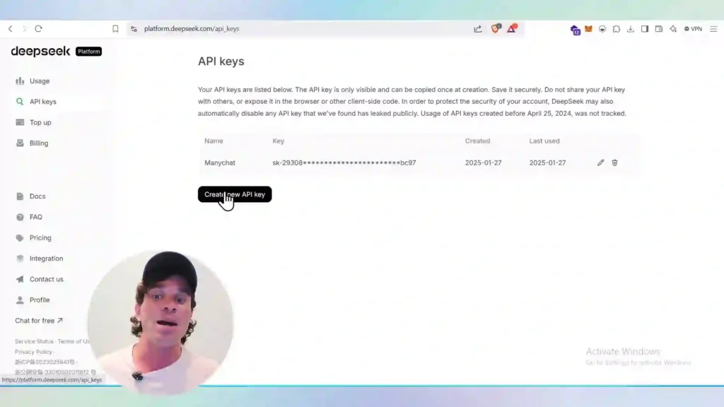Automatiza tus Mensajes Directos en Instagram con Deepseek 3 Interfaz de DeepSeek mostrando el proceso de obtención y configuración de la API para integraciones avanzadas.