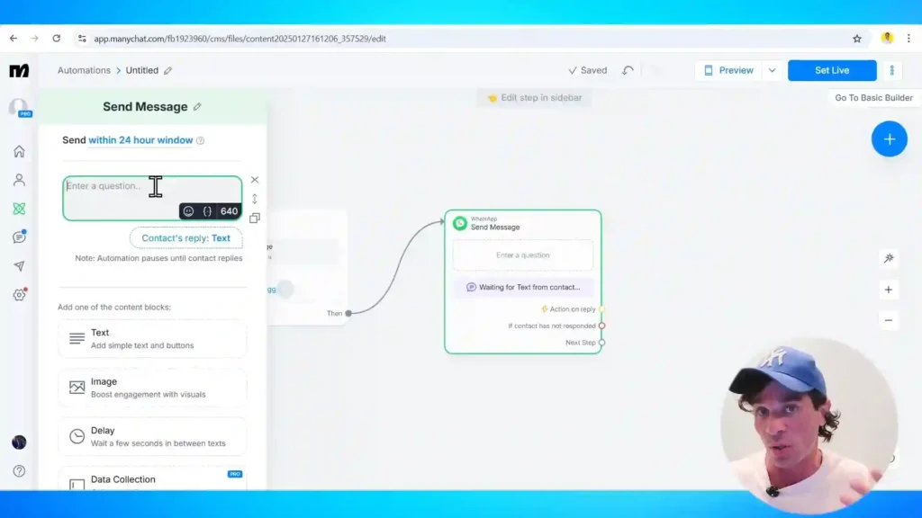 Automatiza Respuestas en WhatsApp con DeepSeek 2 Interfaz de ManyChat mostrando la configuración de respuestas automatizadas y opciones de mensajes.