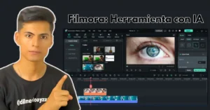 Interfaz de Filmora 14 mostrando herramientas de conversión de audio a video con IA, paleta de colores y eliminación de fondo.