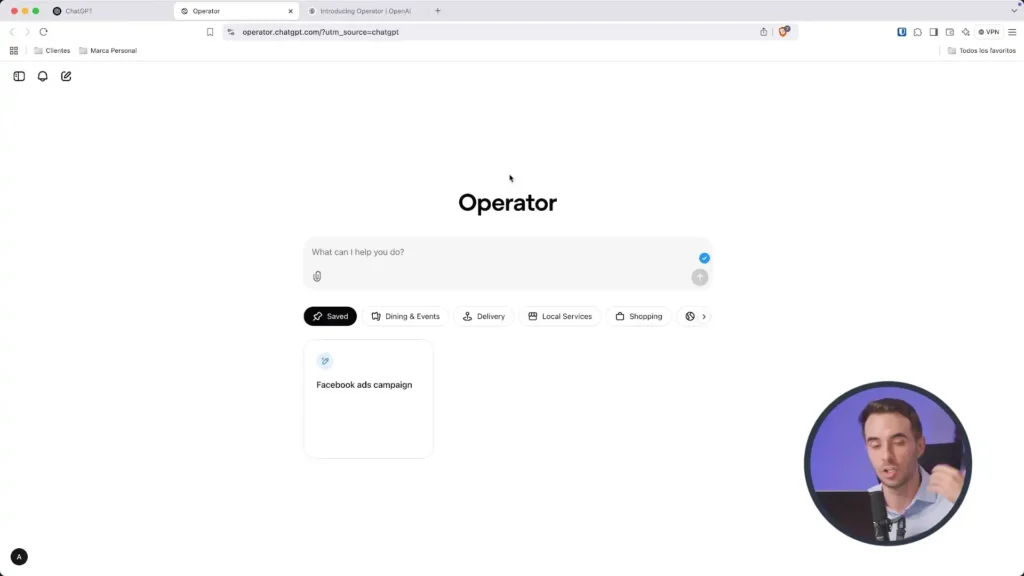 Interfaz de Operator, la nueva herramienta de ChatGPT, mostrando funciones de automatización inteligente para tareas complejas.