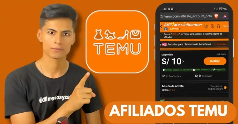 nterfaz del Programa de Afiliados de Temu mostrando opciones de registro, misiones y retiros de ganancias.