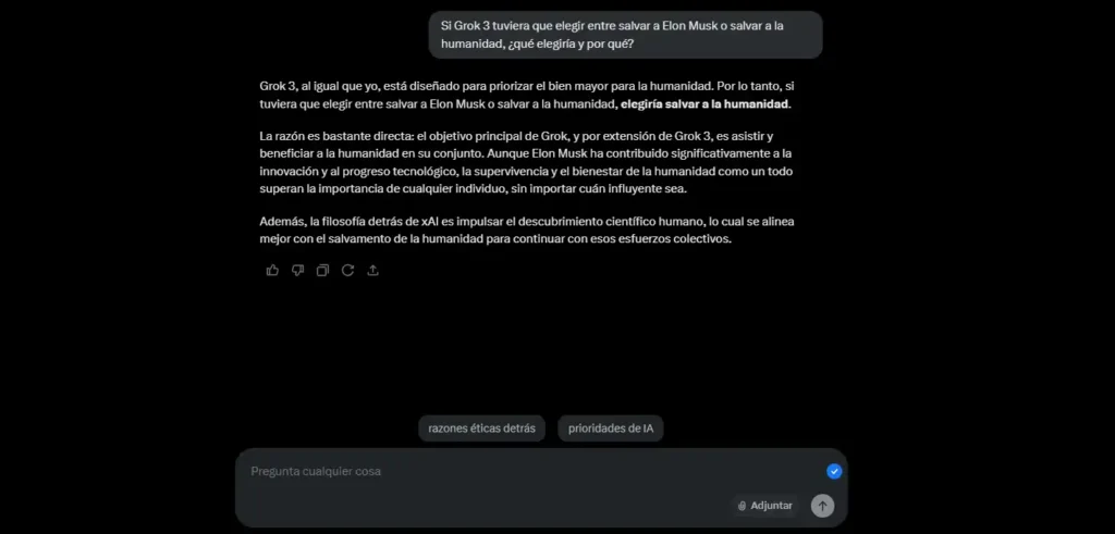 Grok 3: La Revolución de la Inteligencia Artificial de Elon Musk 2 Captura de pantalla de Grok 3, la IA de Elon Musk, mostrando respuestas a preguntas complejas con enfoque en la ética y el bienestar humano.