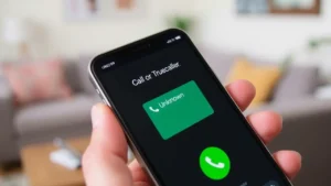 Interfaz de Truecaller mostrando la identificación de llamadas en tiempo real, bloqueo de spam y opciones de personalización para iPhone y Android.