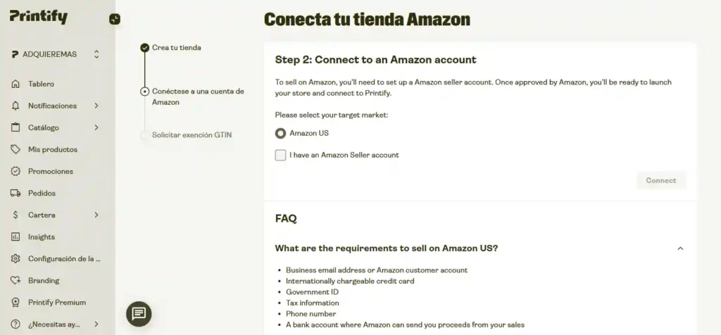 Captura de pantalla que muestra la integración entre Printify y una tienda de Amazon, destacando opciones de sincronización y gestión de productos impresos bajo demanda.