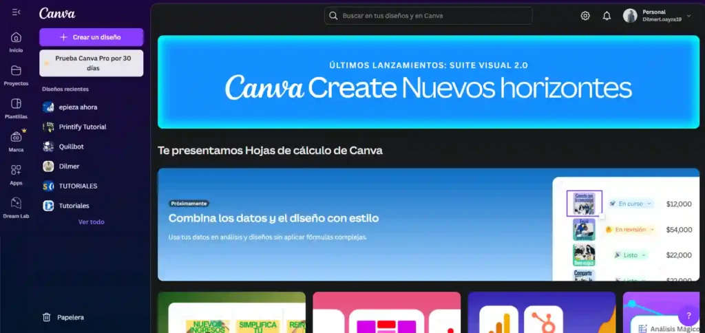 Captura de pantalla de la renovada interfaz de Canva 2025 mostrando el panel unificado de Visual Suite 2.0, con accesos a presentaciones, hojas de cálculo (Canva Sheets), editor de código (Canva Code) y asistentes de IA.