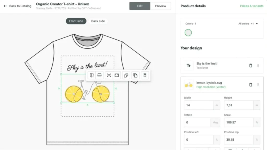 Captura de pantalla de la interfaz de Printify mostrando opciones de personalización, edición de diseños y selección de productos.