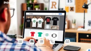 Captura de pantalla de la interfaz de Printify en 2025, mostrando opciones de personalización y ejemplos de productos impresos bajo demanda.