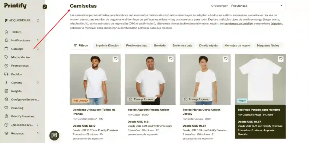 Captura de pantalla de la sección de productos de Printify, destacando opciones y filtros para elegir el producto ideal para impresión bajo demanda.