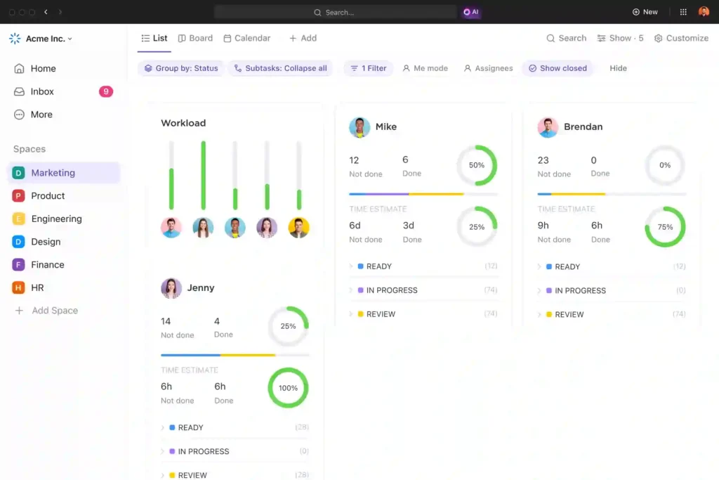 Interfaz de ClickUp 2025 mostrando lista de tareas con fechas de entrega, prioridades y estados.