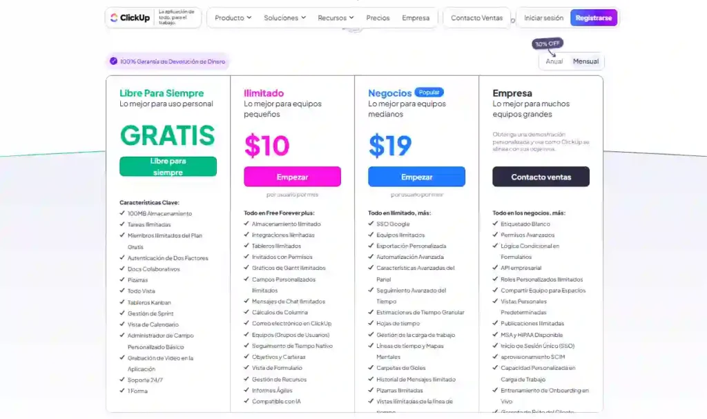 Tabla comparativa de los planes y precios de ClickUp 2025 con características de cada nivel.