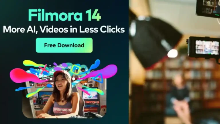FILMORA + ChatGPT: ¿Cómo crear videos virales? 7 Banner de Filmora 14 con texto “More AI, Videos in Less Clicks”, botón “Free Download” y una creadora frente a su ordenador con colores vibrantes