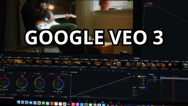 Pantalla de Google VEO 3 con una vista de línea de tiempo de video, ruedas de color y el texto “GOOGLE VEO 3” superpuesto sobre la ventana de previsualización