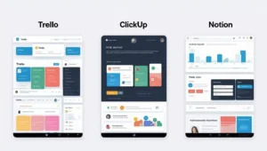 Comparativa visual entre las interfaces de Trello, ClickUp y Notion, mostrando sus paneles de tareas y dashboards personalizados.