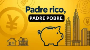 Padre Rico, Padre Pobre: Cómo Construir Riqueza 1 Imagen con fondo amarillo que muestra el texto "Padre rico, Padre pobre" acompañado de un dibujo de alcancía en forma de cerdito en el centro, casas a la izquierda y edificios altos a la derecha, simbolizando la diferencia entre pobreza y riqueza.