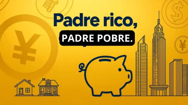 Padre Rico, Padre Pobre: Cómo Construir Riqueza 4 Imagen con fondo amarillo que muestra el texto "Padre rico, Padre pobre" acompañado de un dibujo de alcancía en forma de cerdito en el centro, casas a la izquierda y edificios altos a la derecha, simbolizando la diferencia entre pobreza y riqueza.