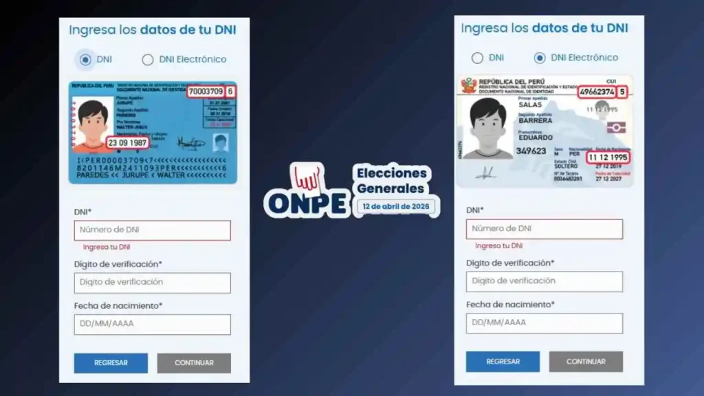 Formulario de la ONPE para ingresar los datos del DNI y DNI electrónico para elegir el local de votación en las Elecciones Generales Perú 2026.